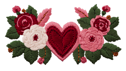 Embroidered heart with flowers, cut out transparent
