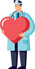 Obraz premium A caring doctor in a white coat holding a large red heart, flat vector illustration