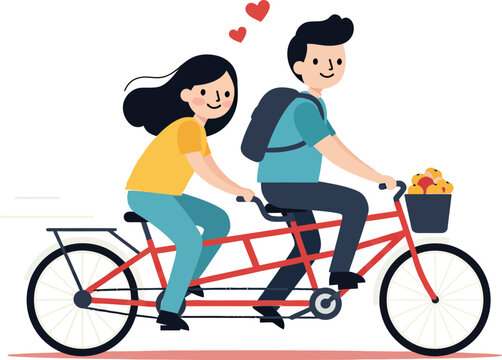 A cheerful couple riding a tandem bicycle in a flat vector illustration with a joyful atmosphere
