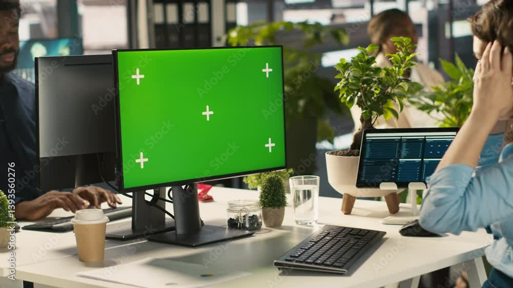 Poster employee at work having trouble with broken keyboard while using isolated screen pc. office clerk in