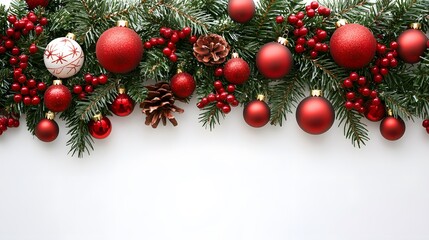 Festive Christmas Garland with Red Ornaments and Pine Cones