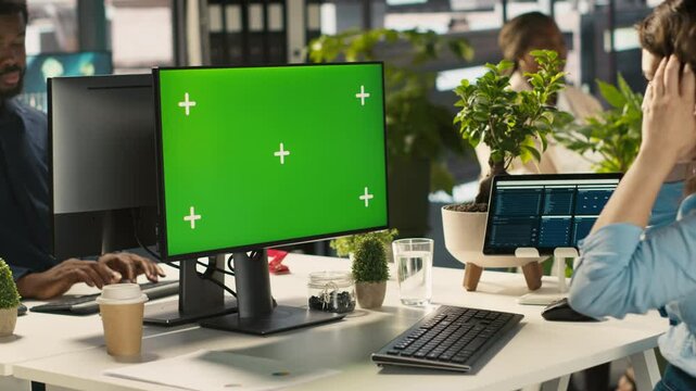 Employee at work having trouble with broken keyboard while using isolated screen PC. Office clerk in workplace unable to continue work on mockup PC because of defective computer peripherals, camera A