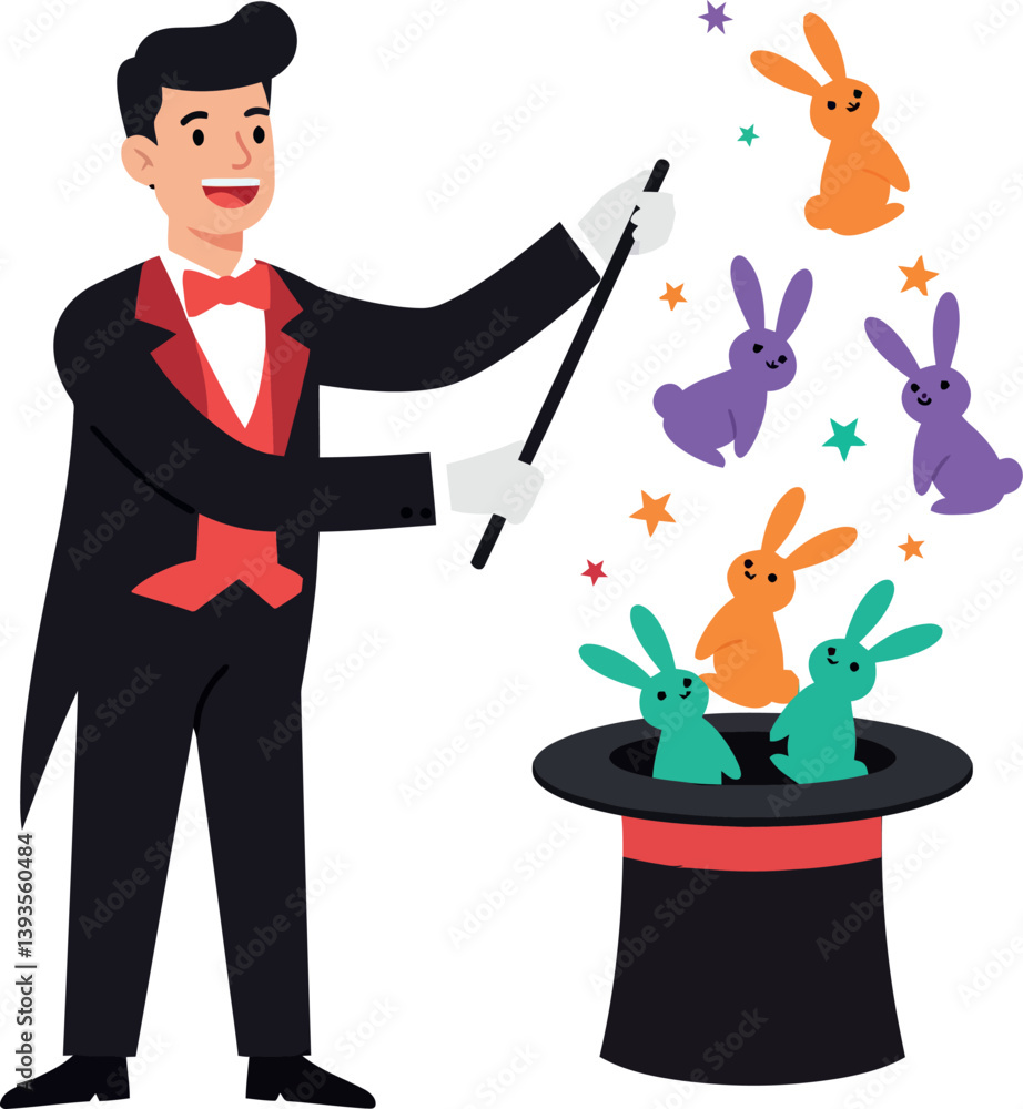 Poster a magician in a tuxedo performing a whimsical magic trick with colorful rabbits in flat vector art