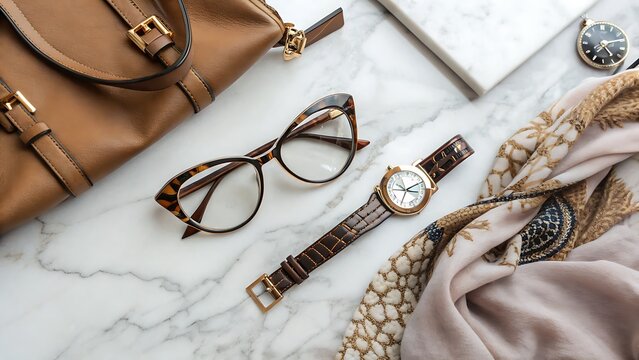 A flat lay of a handbag glasses watch and scarf on a marble surface with a pocket watch nearby