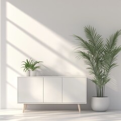 Minimalist White Room with Cabinet and Plants