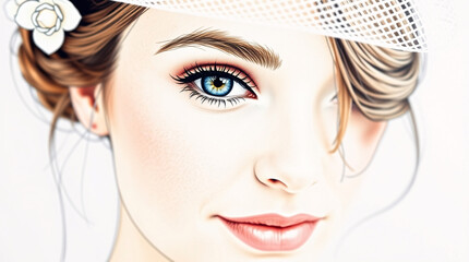 A close-up illustration of a woman with captivating eyes, wearing a delicate veil, exuding elegance and grace.