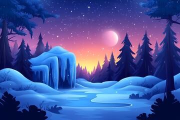 Fototapeta premium Mystical Winter Night: Moonlit Snowy Forest with Icy Landscape Under a Starry Sky - Digital Art Illustration