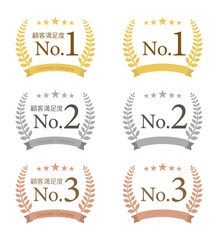 顧客満足度、人気、売上、販売数などの実績を示す月桂冠とリボン、星のついたトップ3のランキングのセット
