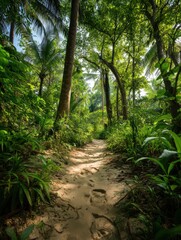 Obraz premium Footprints on dirt path in tropical forest surrounded by lush greenery and tall trees.