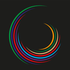 Rainbow arc curve. Color stripe motion. Dynamic circular shape. Vector black background.