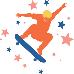 Skateboarder performing an impressive trick in vibrant colors, flat vector art