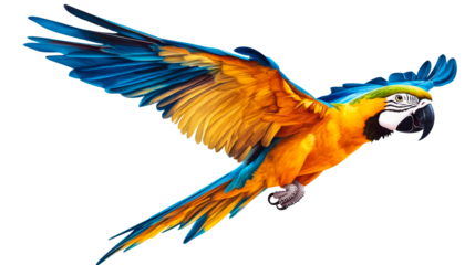 Flying macaw parrot with blue and yellow feathers, cut out transparent
