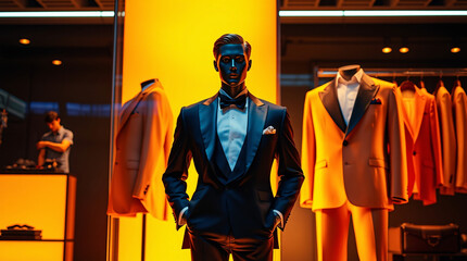 Tuxedo, formal, suit, mannequin, red, black, bowtie, pocket square, elegant, fashion, attire, wedding, evening wear, sophisticated, stylish, classic, modern, tailored, sharp, refined, polished, sleek,
