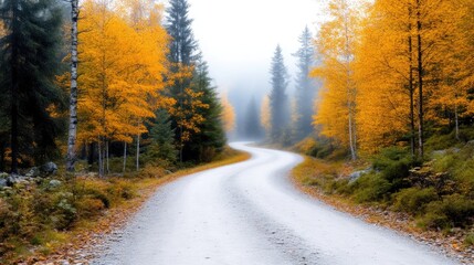 Obraz premium Winding Gravel Road Autumn Trees Serene Misty Style High Resolution Wide Angle View Gentle Curves Journey Through Forest Golden Hues Fall Travel Photography