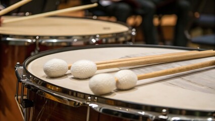 Obraz premium Close up of timpani drums with mallets resting on the surface in a musical performance setting