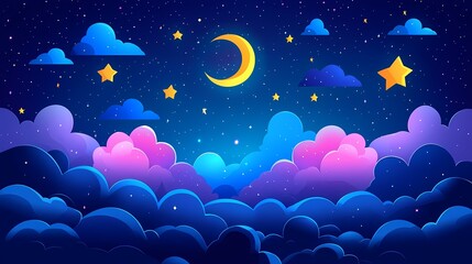 Dreamy Nightscape: Celestial Moon and Starry Sky Illustration