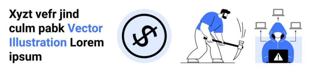 Hacker in hoodie controls laptop with alert sign, man mining cryptocurrency with pickaxe, dollar icon. Ideal for technology, security, finance, hacking, coding, mining simple landing page