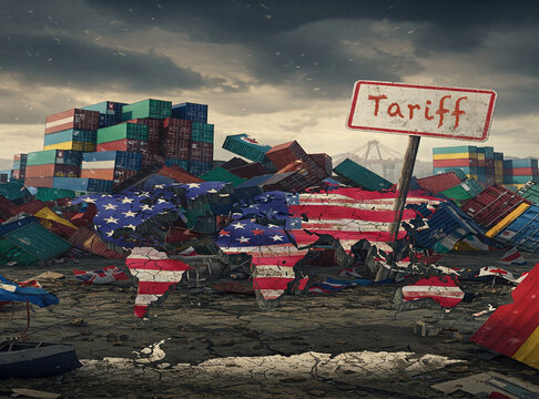 Economic Collapse and Global Trade Crisis Depicted Through a Broken American-Flag World Map Amidst Shipping Container Ruins and Industrial Decay