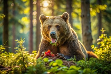 Fototapeta premium Majestic Brown Bear Savoring a Bountiful Meat Feast in a Lush Pristine Wilderness Setting A Breathtaking Panoramic View