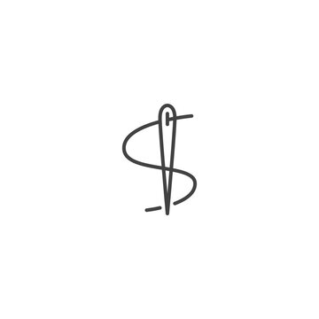 Sewing needle icon with thread line design in simple outline
