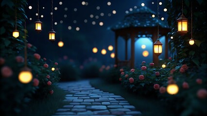 A garden path illuminated by lanterns leading to a gazebo under a starry night sky backdrop