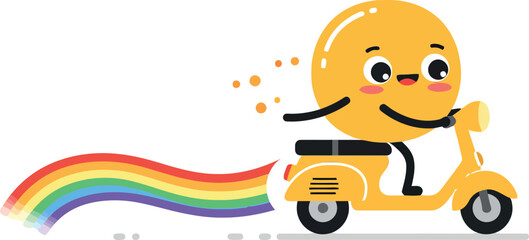 Fototapeta premium Cheerful yellow character riding a scooter with a rainbow trail in a flat vector illustration