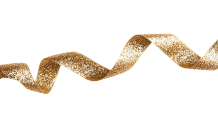 Golden ribbon with glitter on black background, celebration, cut out transparent
