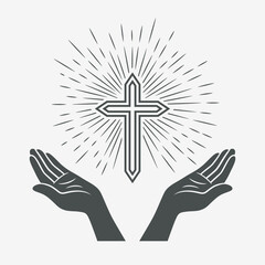 Black and White Open Hands with Cross and Divine Light, Symbol of Faith and Prayer. Design Template for Church Logo. Prayer, Religion Concept Monochrome Cut Out Silhouette Icon. Vector Illustration