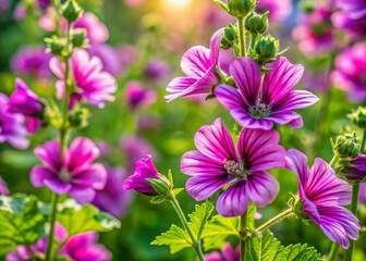 Fototapeta premium Stunning Panoramic View of Common Mallow Flowers Malva sylvestris in Full Bloom A Closeup Look at Natures Beauty