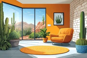 Modern Southwestern Living Room with Cactus and Vibrant Orange Walls: A Cozy, Bright Interior Decor with Minimalist Furniture and Indoor Plants