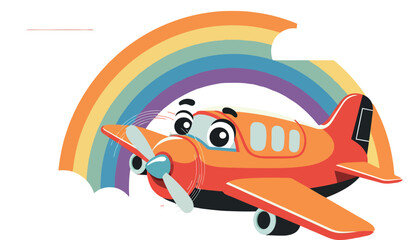 Cartoon airplane flying joyfully beneath a vibrant rainbow in flat vector art