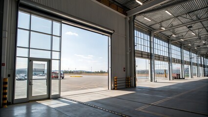 Interior view of a large hangar with open doors revealing an airfield on a bright sunny day scene