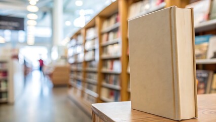 Fototapeta premium A book standing upright on a wooden table in a library with bookshelves in the blurred background