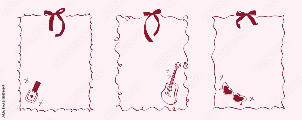 Poster hand drawn coquette frames. vintage cute borders with ribbon and bow in simple crayon and sketch sty