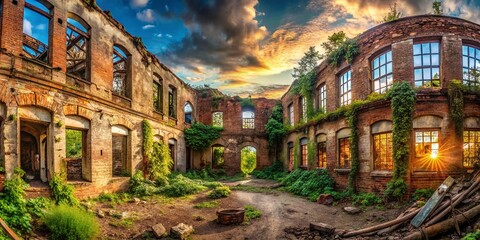 Fototapeta premium Abandoned Buildings Grim Panoramic Vista Shattered Windows and Decay Reveal a Story of Neglect