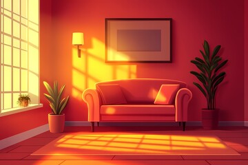 Modern Living Room Interior Design: Cozy Space with Red Walls and Stylish Furniture