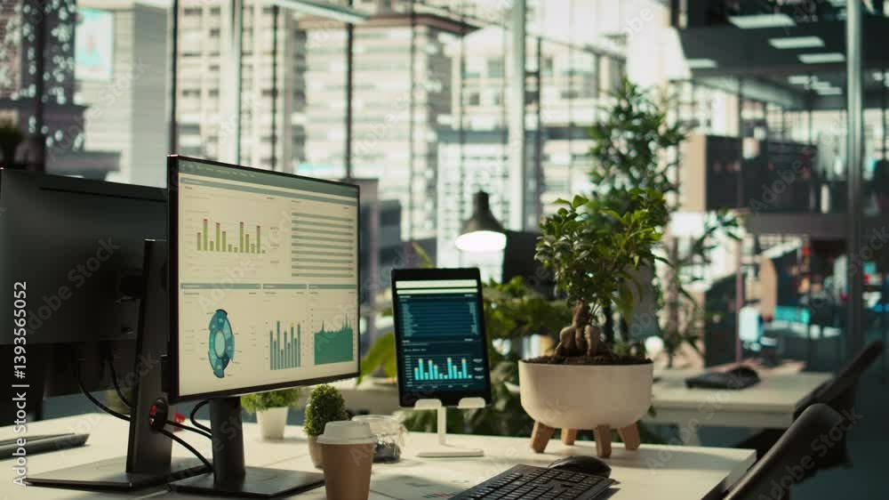 Poster modern workspace with key performance indicators data on display in bright office environment with p