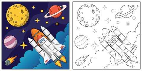 spaceship cartoon line art for kids coloring page book vector illustration