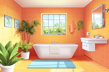 Modern Bathroom Interior Design: Vibrant Bathtub with Greenery, Orange Tiles & Natural Light for a Relaxing Spa Atmosphere