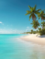 Illustration of tropical nature clean beach and white sand in summer with palm tree. Tropical beach with palm trees and a lot of copy space. 3D realistic illustration.