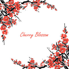 Realistic Sakura Blossom - Japanese Cherry Tree. Artistic Branch Plum Blossom. Vector