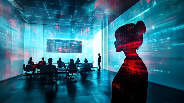 Futuristic Meeting: Woman's silhouette with digital overlay in a tech-enhanced conference room. Team collaboration and data insights.