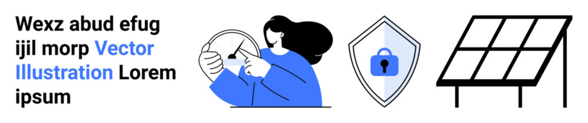Person holding a steering wheel, shield with a lock, solar panel. Ideal for clean energy, cybersecurity, renewable resources, automation, innovation, eco-friendly solutions and flat landing page