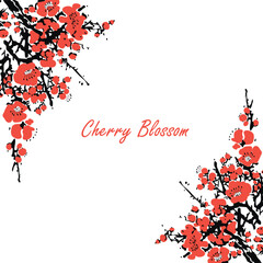 Realistic Sakura Blossom - Japanese Cherry Tree. Artistic Branch Plum Blossom. Vector