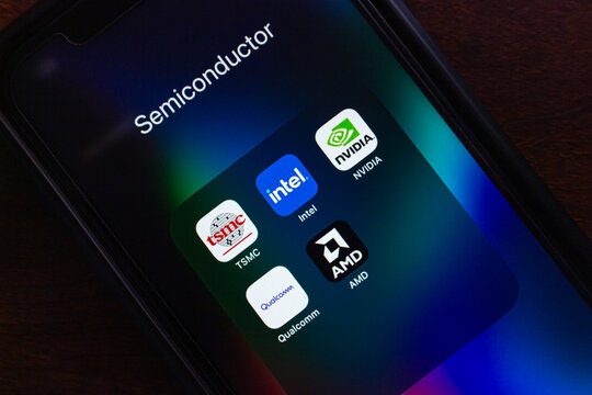 Mexico City, MEXICO - Mar 30 2025 : Icons of major chip makers including Intel, AMD, NVIDIA, Qualcomm, and TSMC displayed on an iPhone, representing key players in the global semiconductor industry.