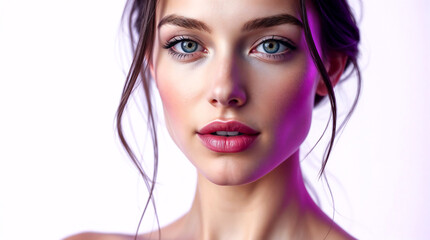 A captivating portrait of a young woman with luminous skin and striking blue eyes, bathed in soft purple light, exuding confidence and natural beauty