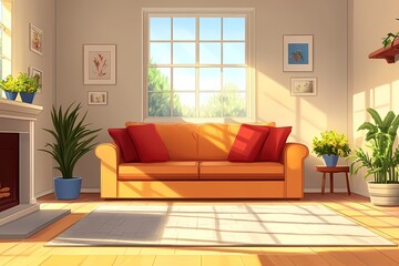 Cozy Modern Living Room Interior with Sunlit Orange Sofa, Vibrant Home Decor, and Natural Light