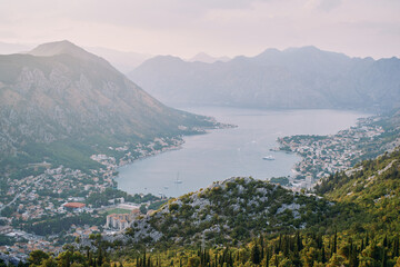 View from the mountain to the towns on the shores of the Bay of Kotor. Montenegro
