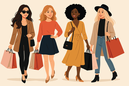 Women enjoying fall fashion shopping with bags and stylish outfits