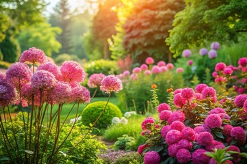 Obraz premium Stunning Panoramic View of a Vibrant Pink Flower Garden Lush Blooms and Delicate Petals in a Picturesque Setting